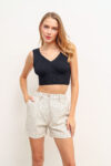 Çizgili Cepli Keten Bermuda Şort Krem